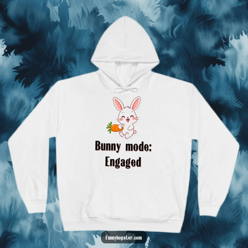 Funny happy rabbit character hopping with a carrot, printed on a warm and snuggly hoodie.
