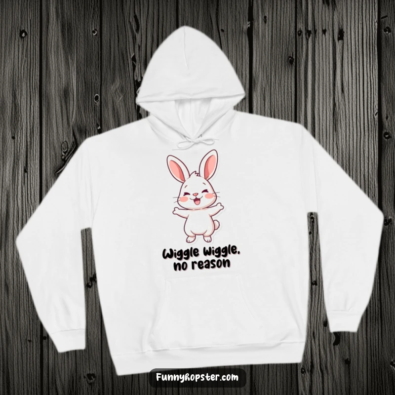 Funny hoodie depicting a charming rabbit doing a happy wiggle, perfect for spreading good vibes and laughter.