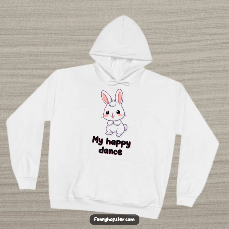 Funny hoodie featuring a giddy rabbit with its tail wiggling excitedly, exuding warmth and cheerful vibes.