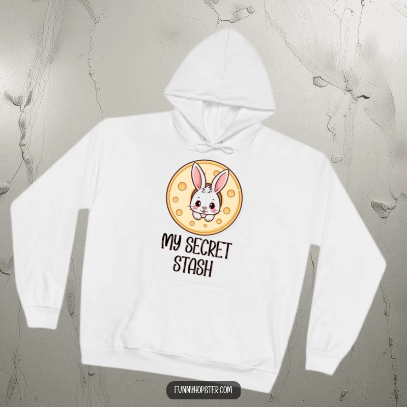 Funny hoodie with a sly rabbit peeking mischievously from a big round of delicious cheese.