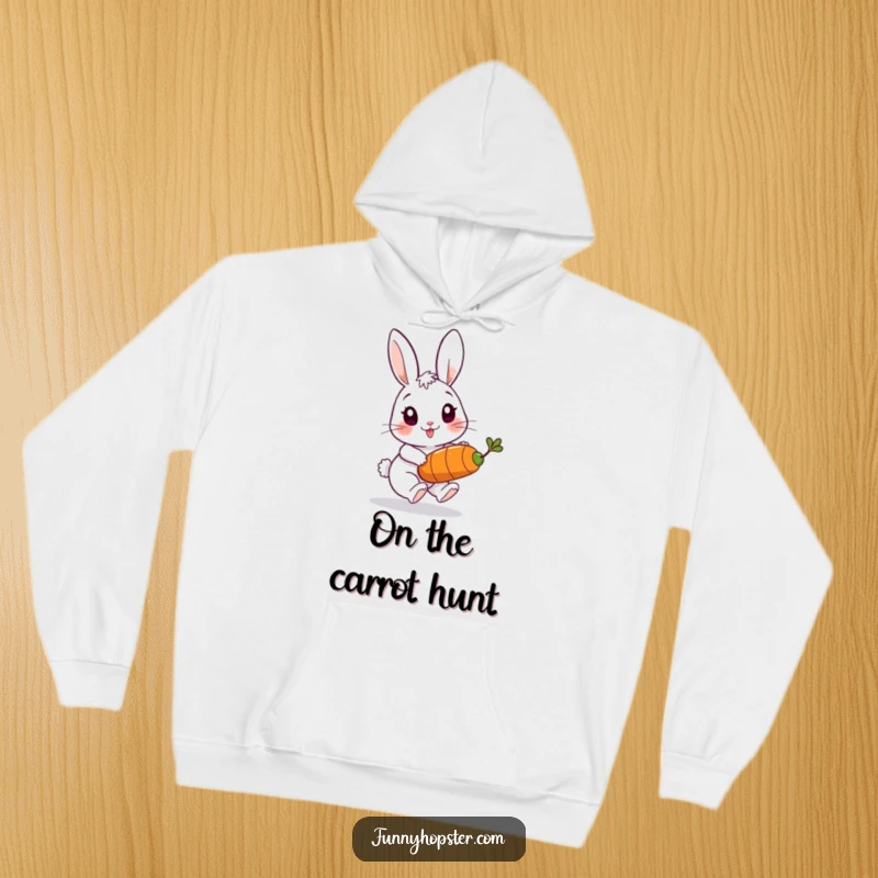 Funny hoodie featuring a playful rabbit character chasing a bouncing carrot, perfect for active individuals who love humor.