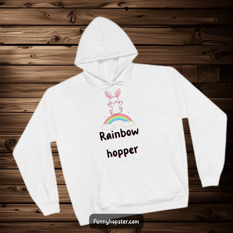 Funny Rabbit Hoodie: A playful rabbit leaps over a rainbow, bringing warmth, color, and fun.