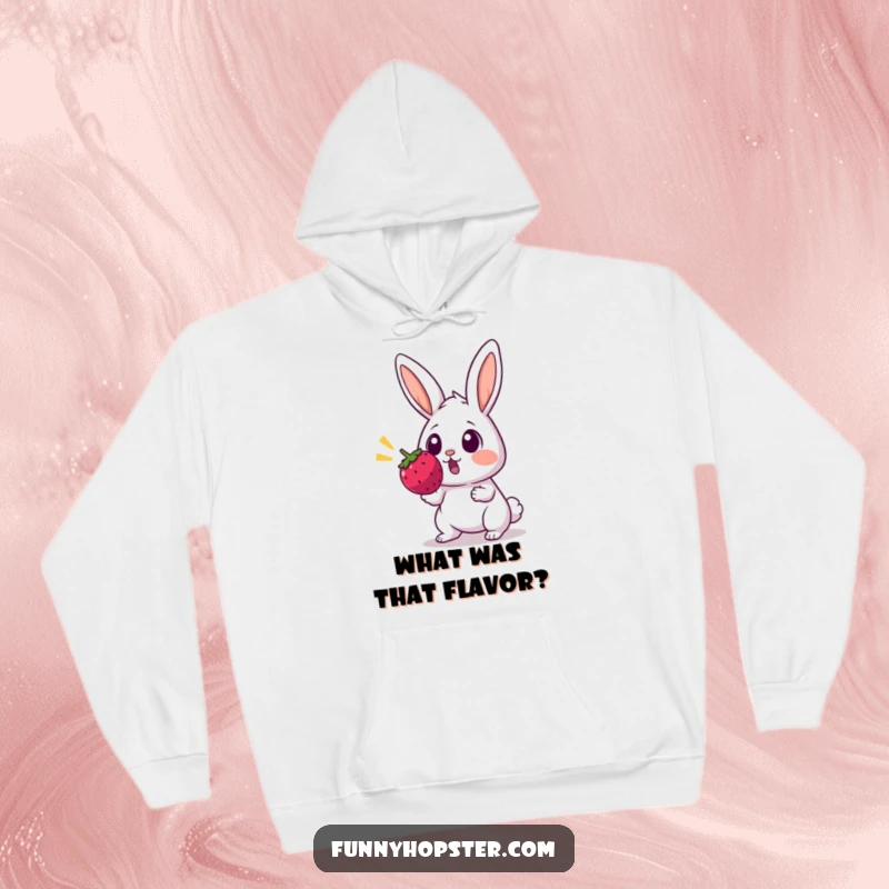 Funny hoodie showing a startled rabbit with wide eyes, reacting to a bouncing berry, cozy and humorous.