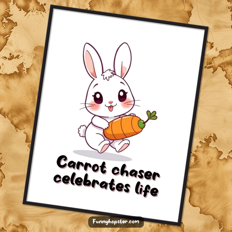 Funny Free Printable Wall Art featuring a playful rabbit in mid-chase after a comically bouncing carrot, full of energy.