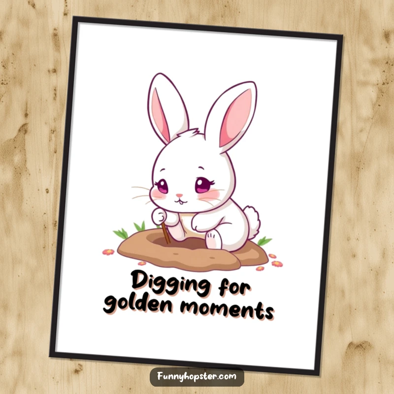 Funny Free Printable Wall Art: A cute rabbit with pink eyes digging a hole with its tiny paws, creating a whimsical scene.