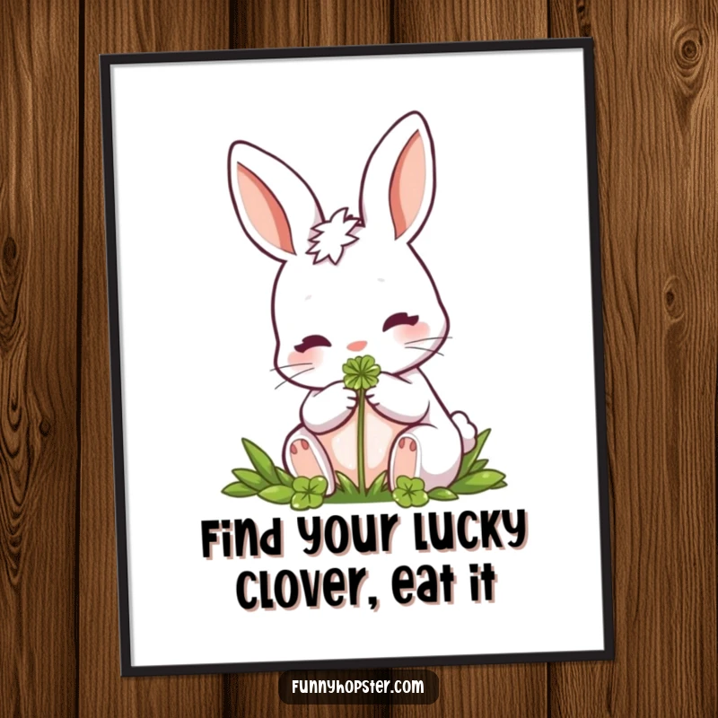 Funny Free Printable Wall Art: A rabbit enjoying a clover, creating a peaceful and lucky atmosphere.