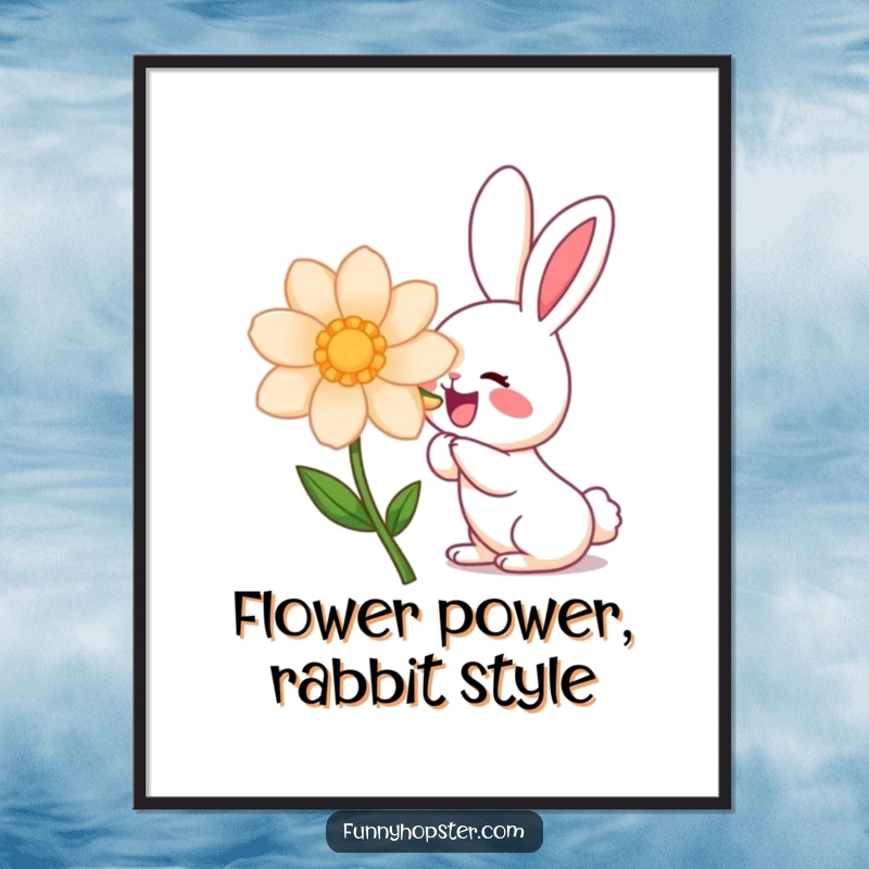 Funny Free Printable Wall Art: a happy kawaii rabbit joyfully sniffing a giant, vibrant flower, adding charm to any home.
