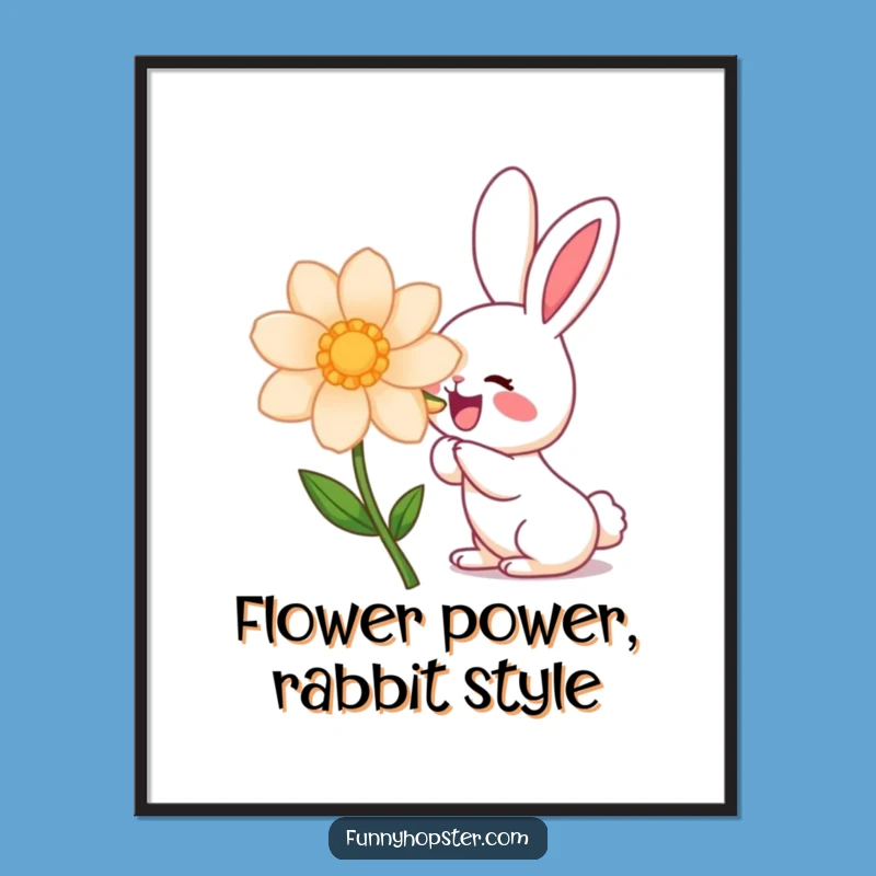 Free Printable Wall Art: Funny Kawaii Rabbit Sniffing Flower, Downloadable Decor