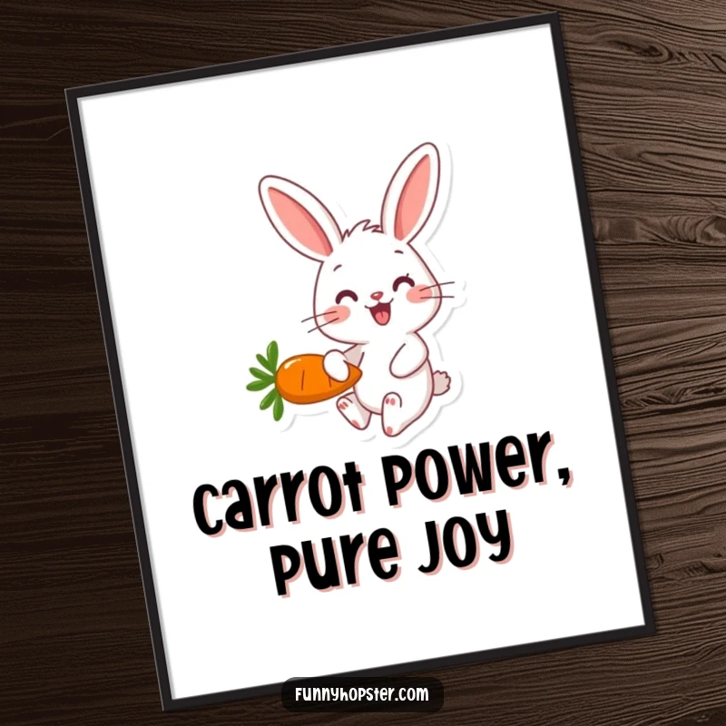 Funny Free Printable Wall Art: A happy rabbit character energetically hopping along, clutching a large carrot.