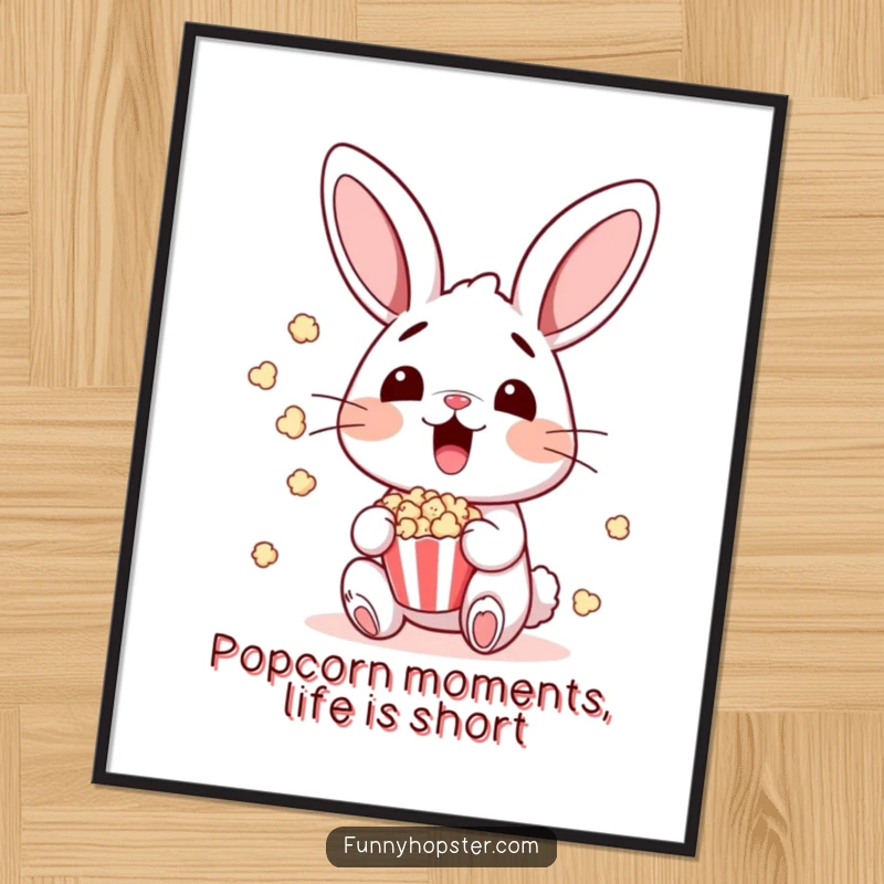 Funny Free Printable Wall Art of a bunny with wide eyes as popcorn explodes, adding quirky charm to your room.