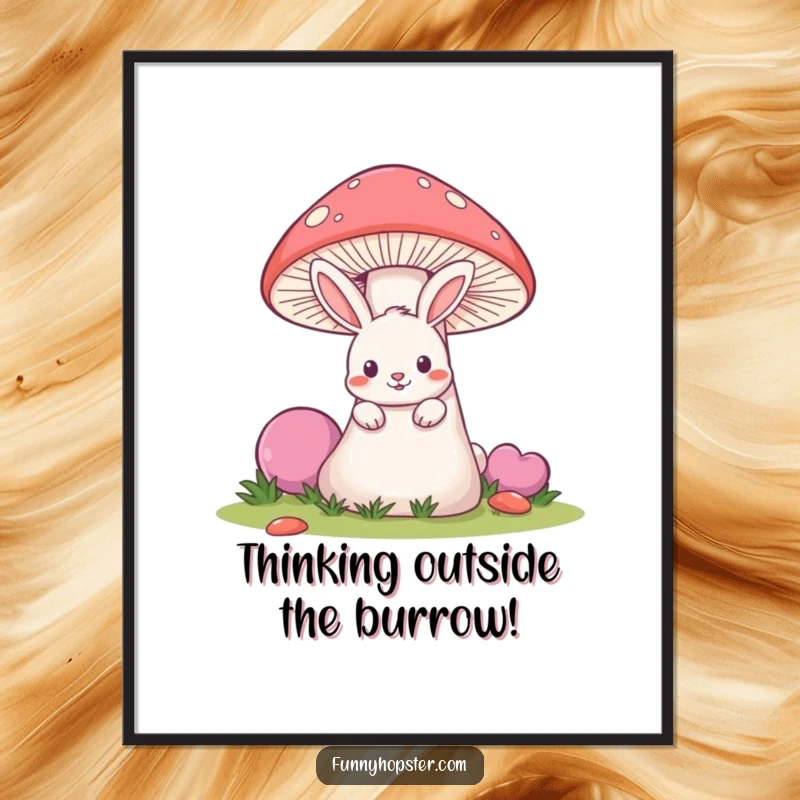 Funny Free Printable Wall Art: A mischievous rabbit playfully peeking from behind a giant, fantastical mushroom.