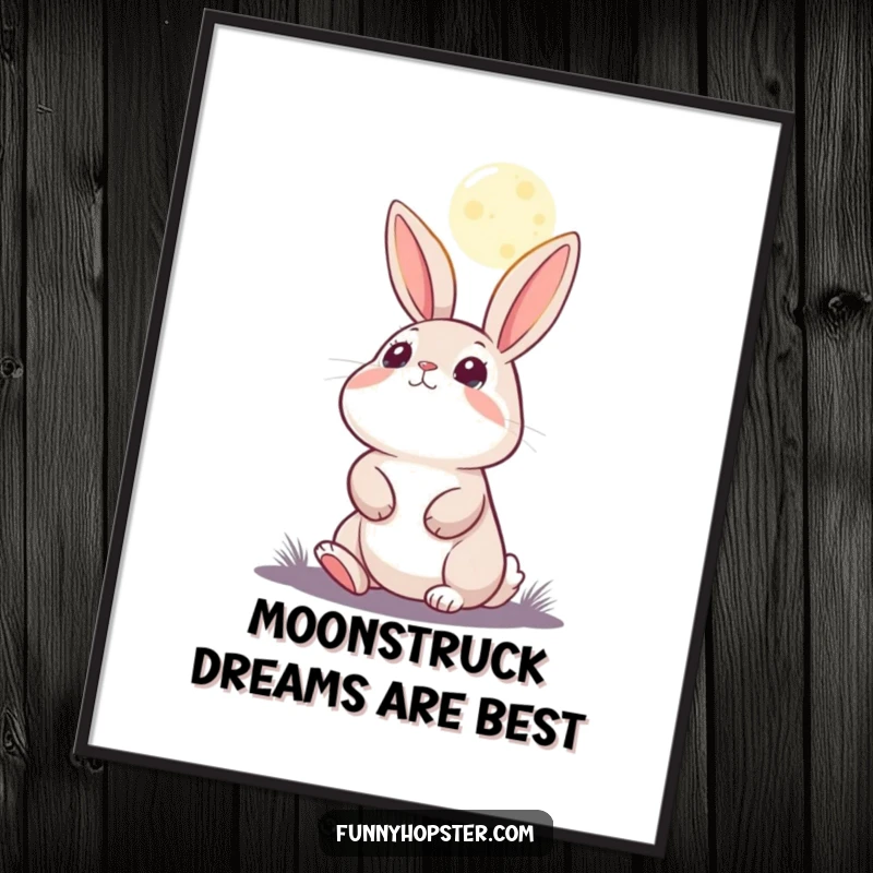 Funny Free Printable Wall Art: A rabbit enchanted by the moon, looking up with pure wonder. Serene downloadable decor.