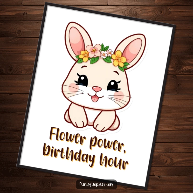 Funny Free Printable Wall Art of a smiling rabbit wearing a charming tiny flower crown, bringing joy and whimsy to any room.