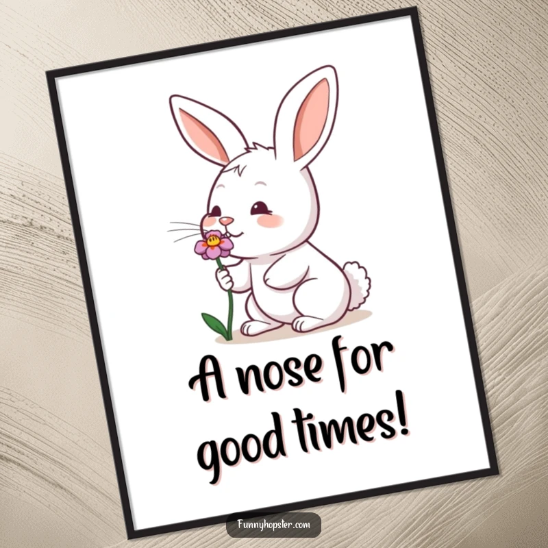 Funny Free Printable Wall Art: A rabbit enthusiastically wiggles its nose while deeply sniffing a vibrant flower.