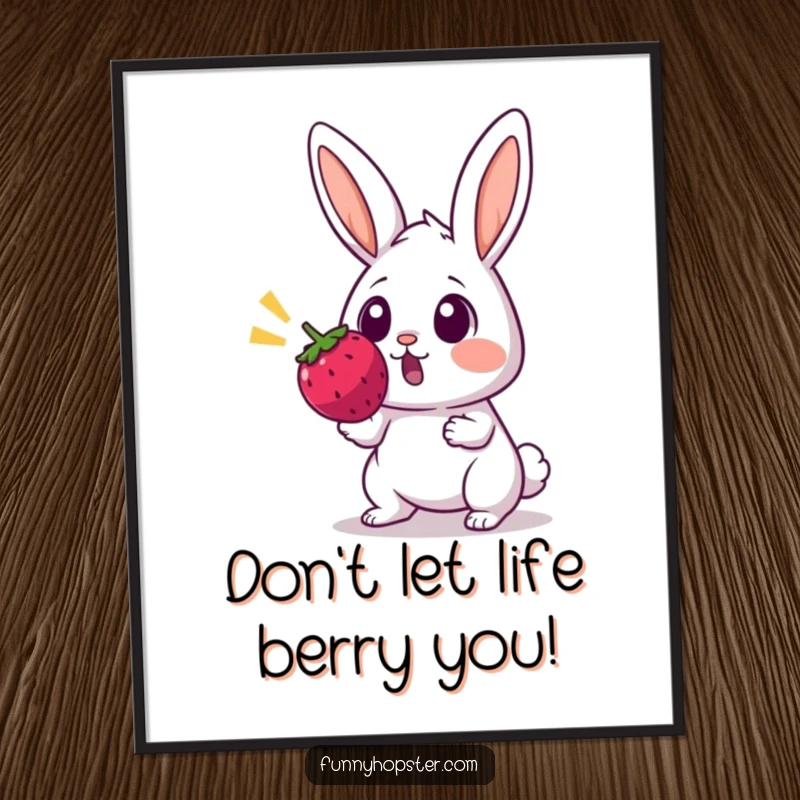 Funny Free Printable Wall Art: A rabbit with shocked eyes is startled by a fast-moving bouncing berry.