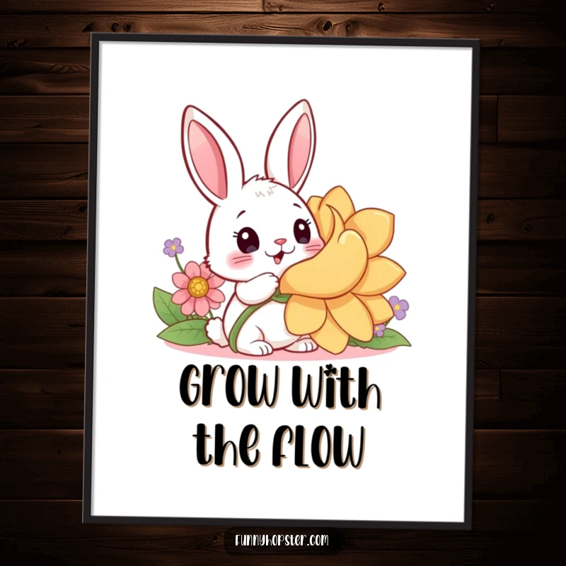 Funny Free Printable Wall Art: A kawaii rabbit with big, surprised eyes discovering an unexpectedly giant, colorful flower.