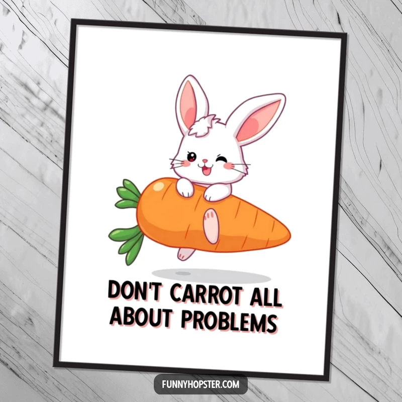 Funny Free Printable Wall Art: A fluffy bunny with enormous ears bouncing joyfully on a giant carrot, bringing smiles to any room.
