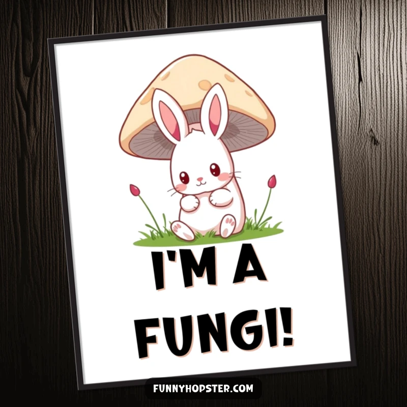 Funny Free Printable Wall Art: A curious kawaii rabbit peeking shyly from behind a charmingly large mushroom.