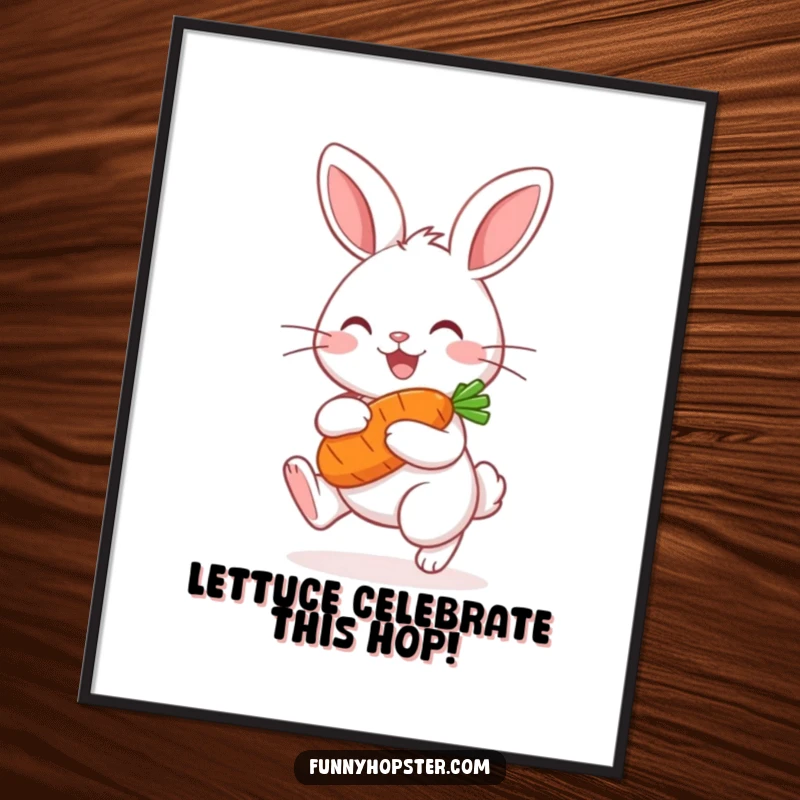 Funny Free Printable Wall Art: A kawaii rabbit hops with delight clutching a carrot, bringing joy.