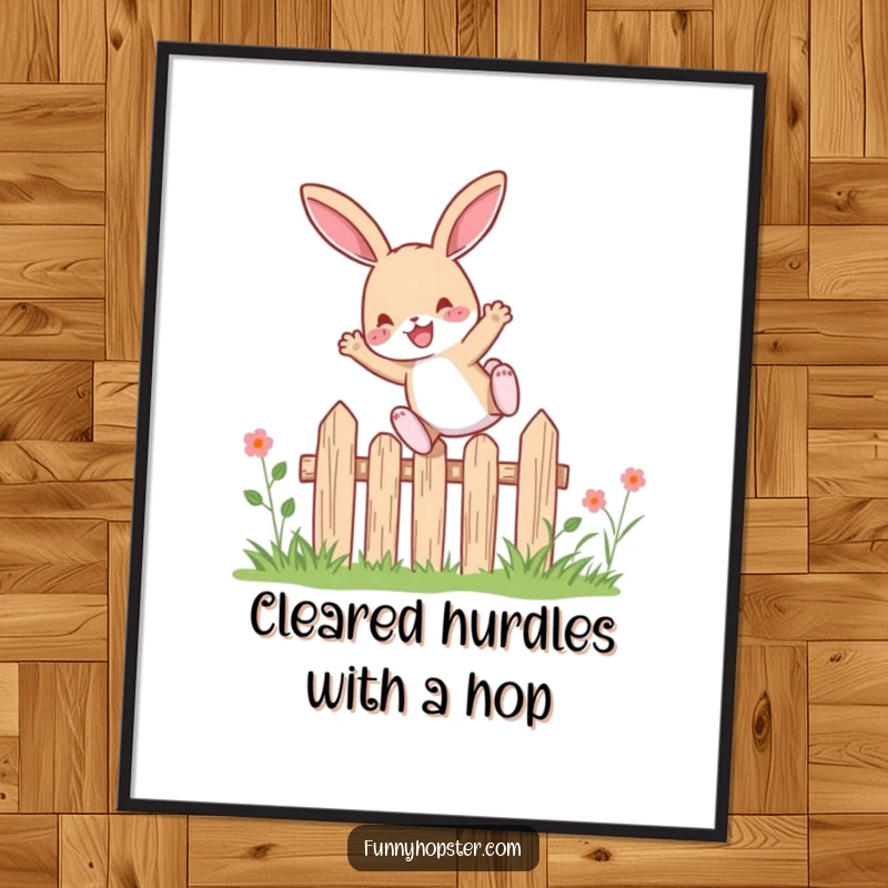 Funny Free Printable Wall Art: Energetic rabbit captured mid-leap over a small garden fence, radiating pure, unadulterated delight.