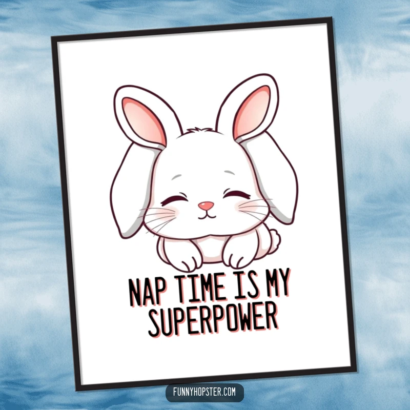 Funny Free Printable Wall Art: A sleepy kawaii rabbit with long ears flopped over, looking content.