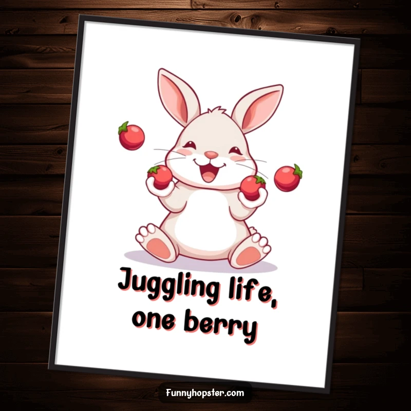 Funny Free Printable Wall Art: A happy rabbit with paws in motion, expertly juggling three shiny red berries.