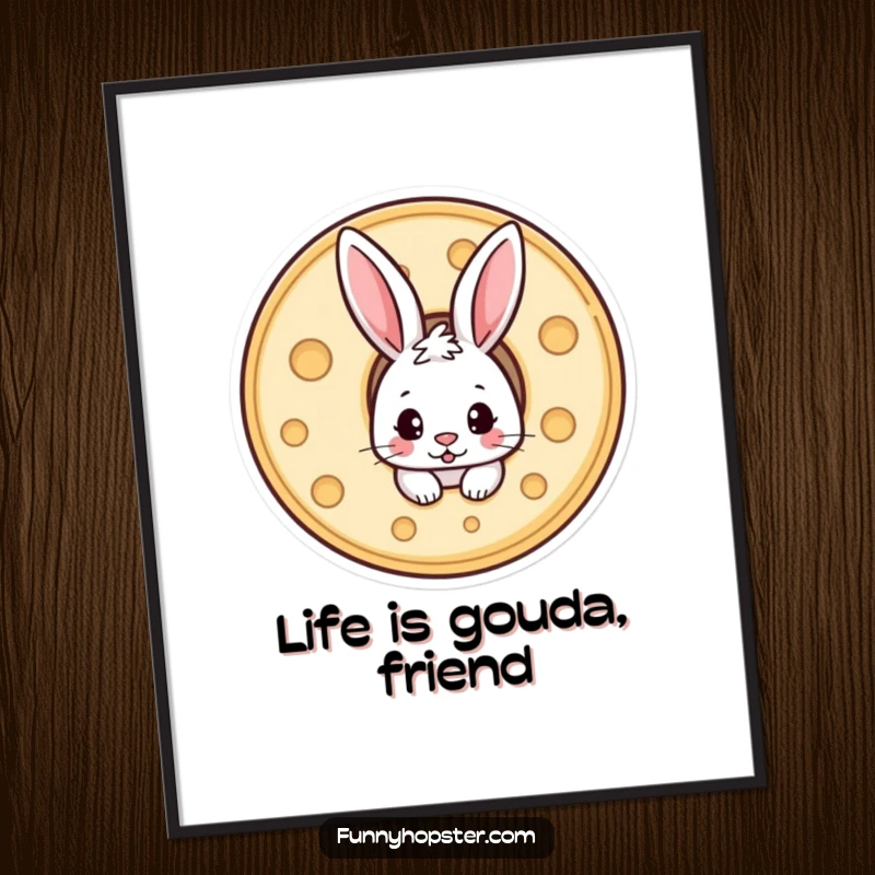 Funny Free Printable Wall Art: A mischievous rabbit hiding within a large round of cheese, with a curious expression.
