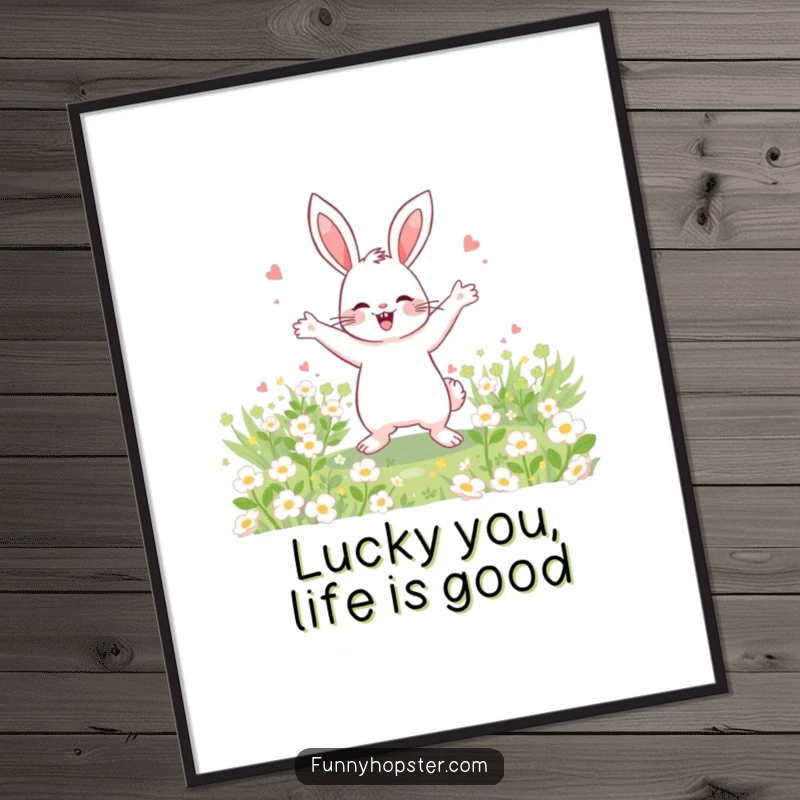 Funny Free Printable Wall Art: A cheerful rabbit joyfully dances in a lush field of clover, radiating happiness.