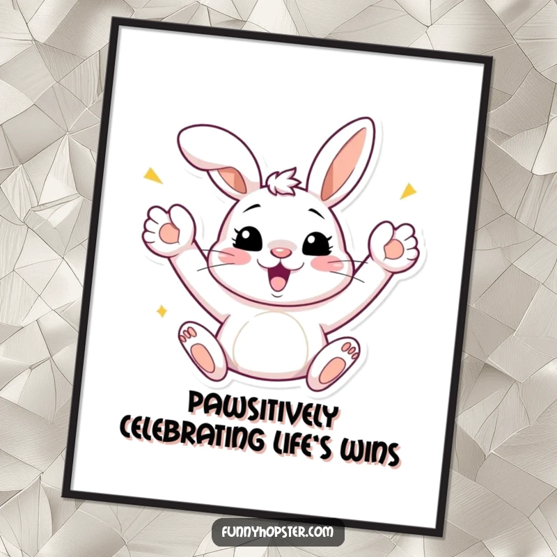 Funny Free Printable Wall Art: A happy bunny character with paws enthusiastically raised in celebration.