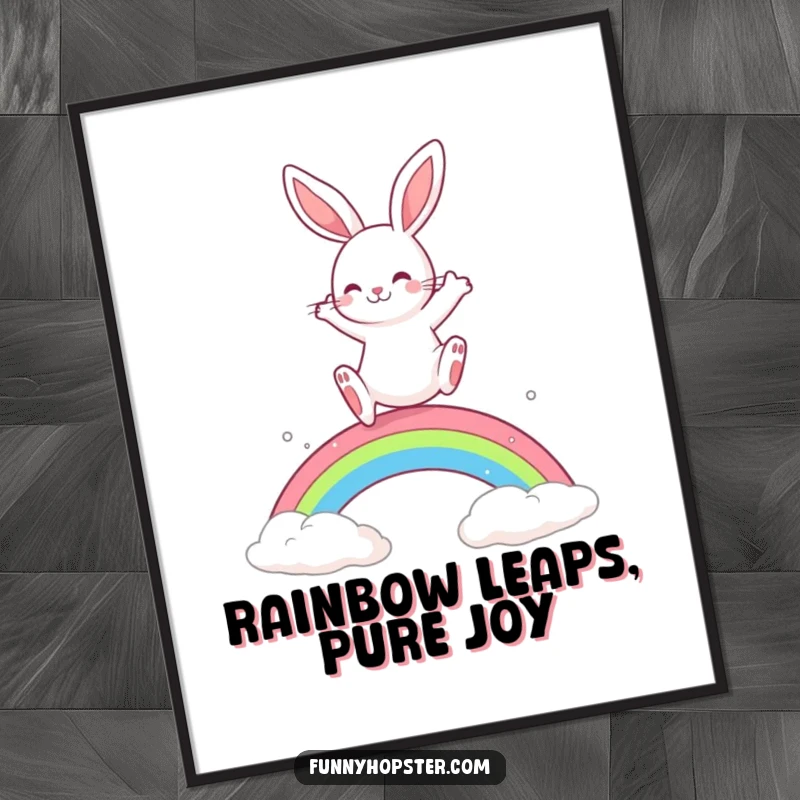 Funny Free Printable Wall Art: A playful rabbit leaping energetically over a bright rainbow.