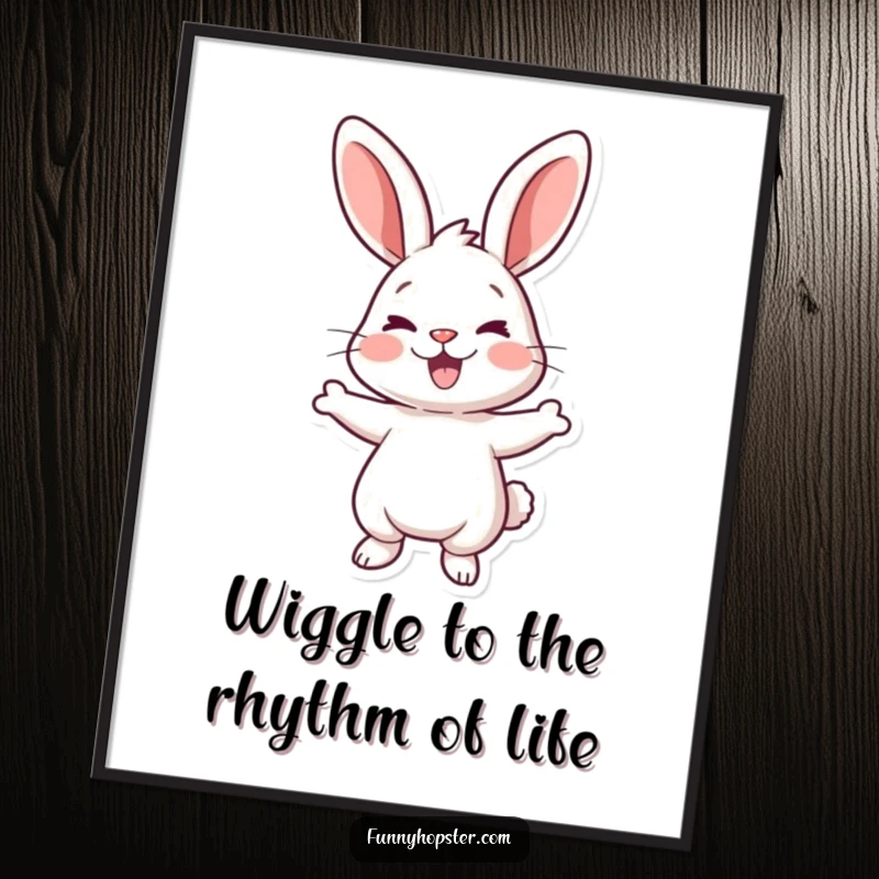 Funny Free Printable Wall Art: A cheerful rabbit captured mid-wiggle, radiating infectious happiness. Vibrant downloadable decor.