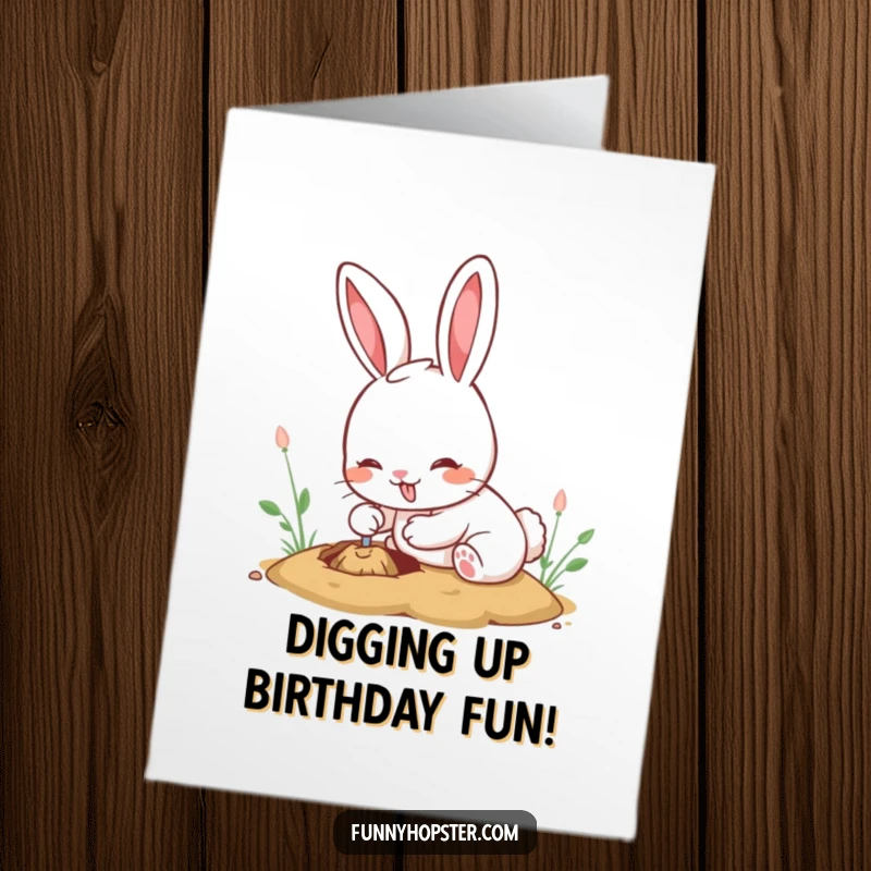 Funny Free Printable Birthday Card: Enthusiastic kawaii rabbit digging a hole with a determined, happy expression.