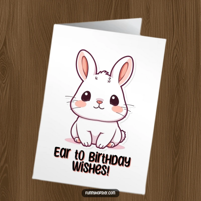 Funny Free Printable Birthday Card: A kawaii rabbit with perked ears, listening intently and curiously.