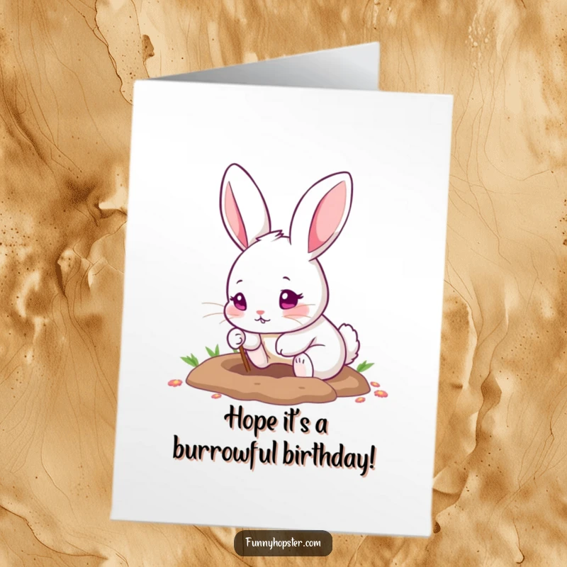 Funny Free Printable Birthday Card: Cute rabbit with pink eyes excitedly digging a hole with its tiny paws, ready for fun.