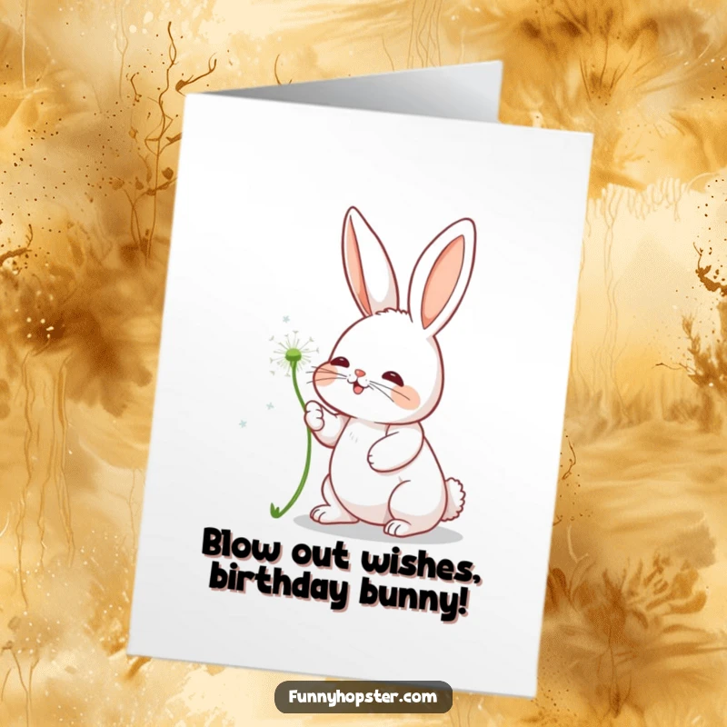 Funny Free Printable Birthday Card: Rabbit joyfully batting at a floating dandelion seed. Downloadable art.