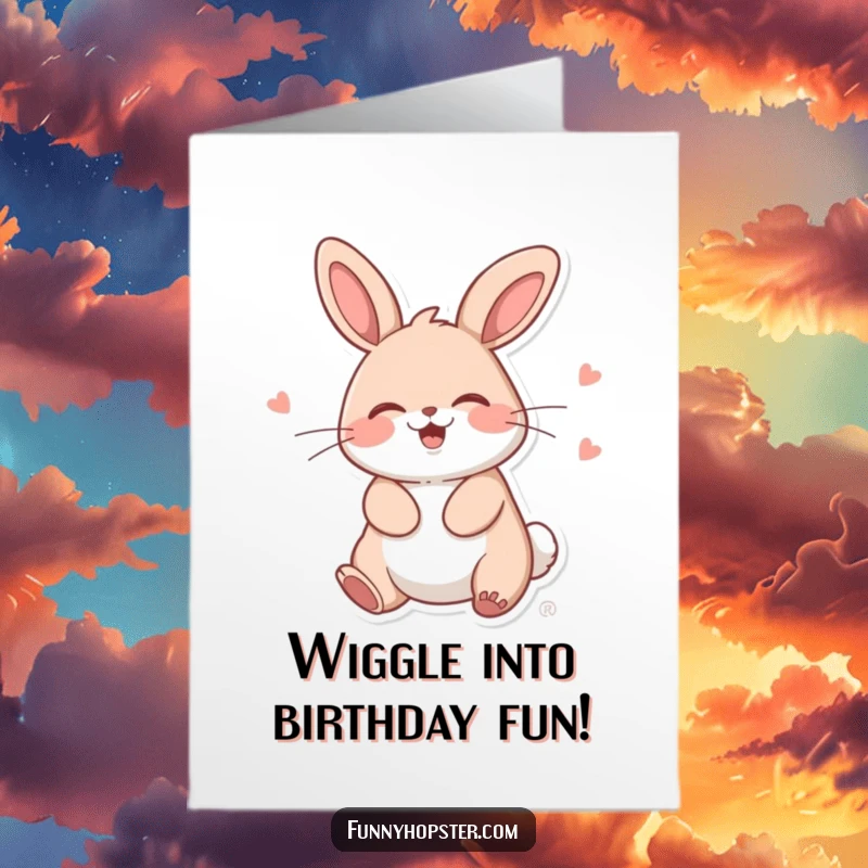 Funny Free Printable Birthday Card: A kawaii rabbit giggles uncontrollably while doing a silly wiggle dance.