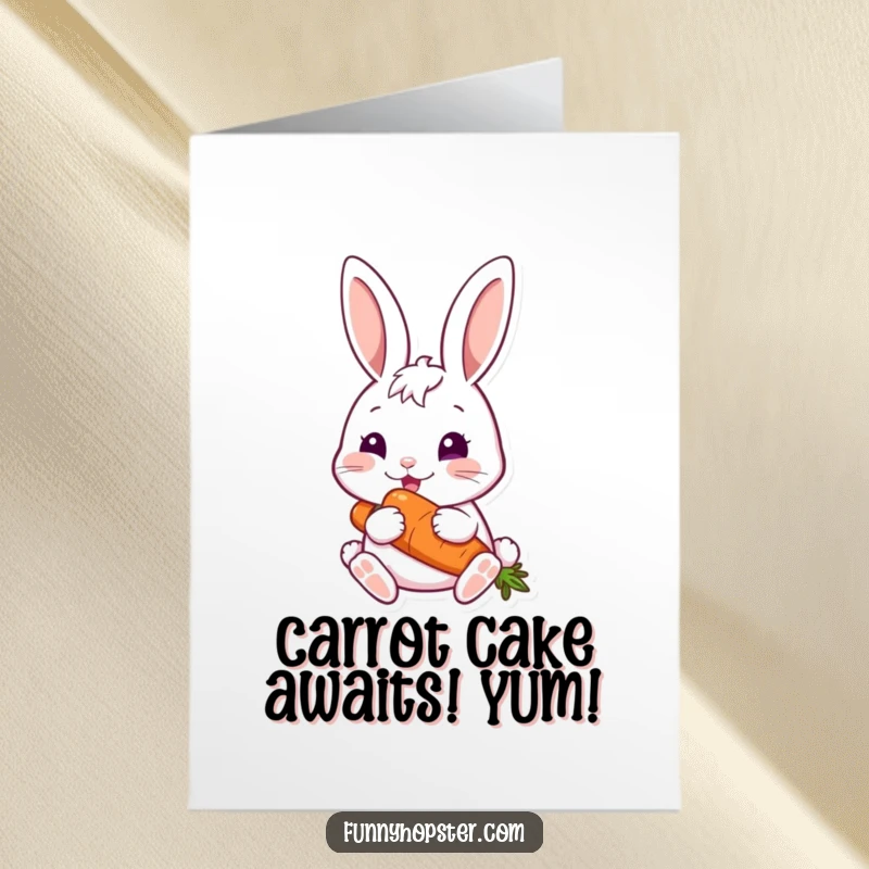 Funny Free Printable Birthday Card: a rabbit joyfully nibbling on a large carrot, celebrating a happy occasion.