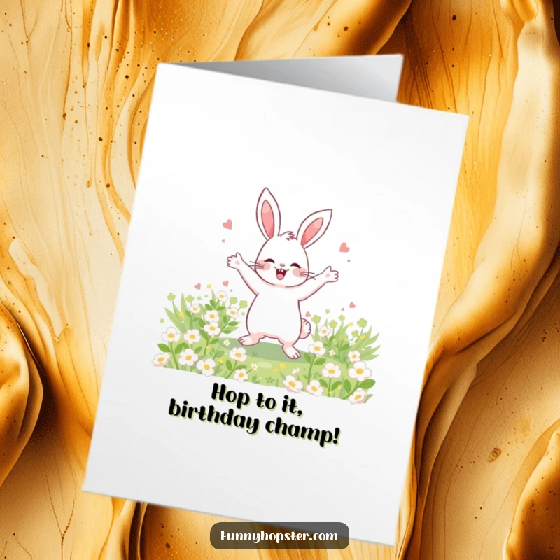 Funny Free Printable Birthday Card: A very happy rabbit dances with glee in a field of clover, celebrating a birthday.