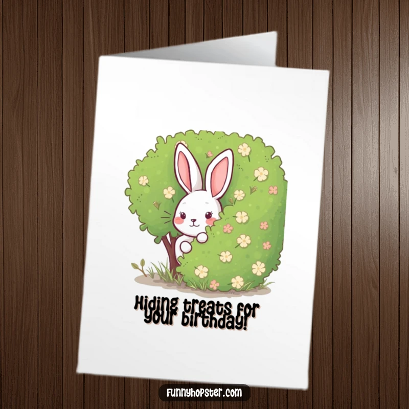 Funny Free Printable Birthday Card: A rabbit playfully peeking from behind a green bush, ready to surprise.