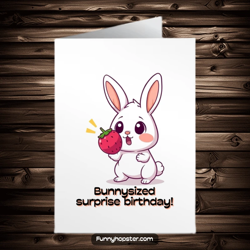 Funny Free Printable Birthday Card: A wide-eyed rabbit looking completely startled by a bouncing berry.