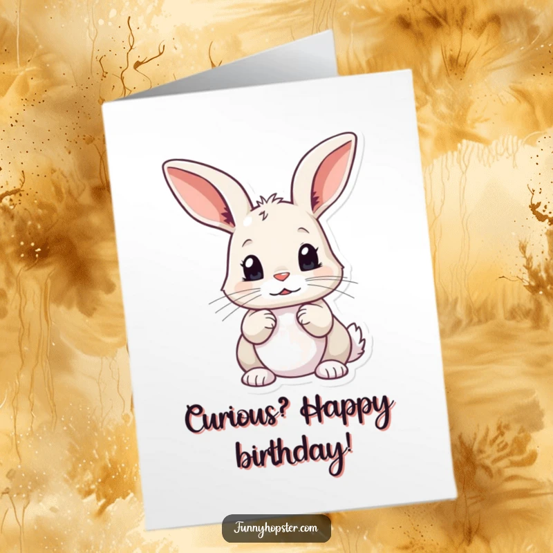 Funny Free Printable Birthday Card: A curious rabbit with ears perked and twitching, looking for birthday fun.