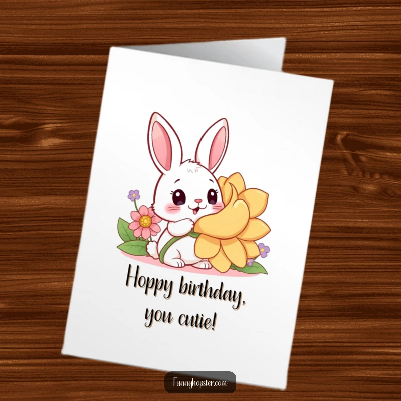 Free Printable Birthday Card: A kawaii rabbit with wide, surprised eyes looking up at an enormous, blooming flower.