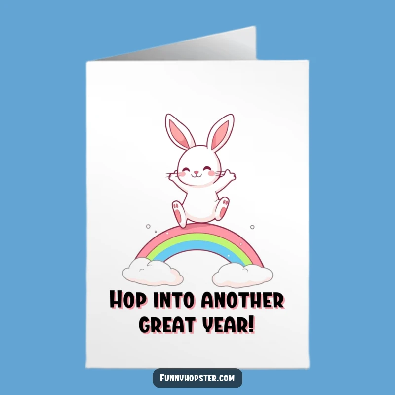 Free Printable Rabbit Birthday Card: Playful Rainbow Leap Funny Downloadable