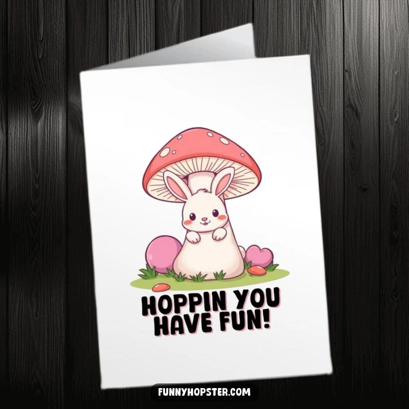 Funny Free Printable Birthday Card: A mischievous rabbit peeks out from behind a giant, colorful mushroom.