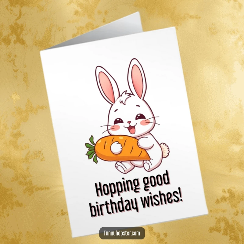 Funny Free Printable Birthday Card: A cheerful rabbit joyfully nibbling a huge carrot with a big smile.