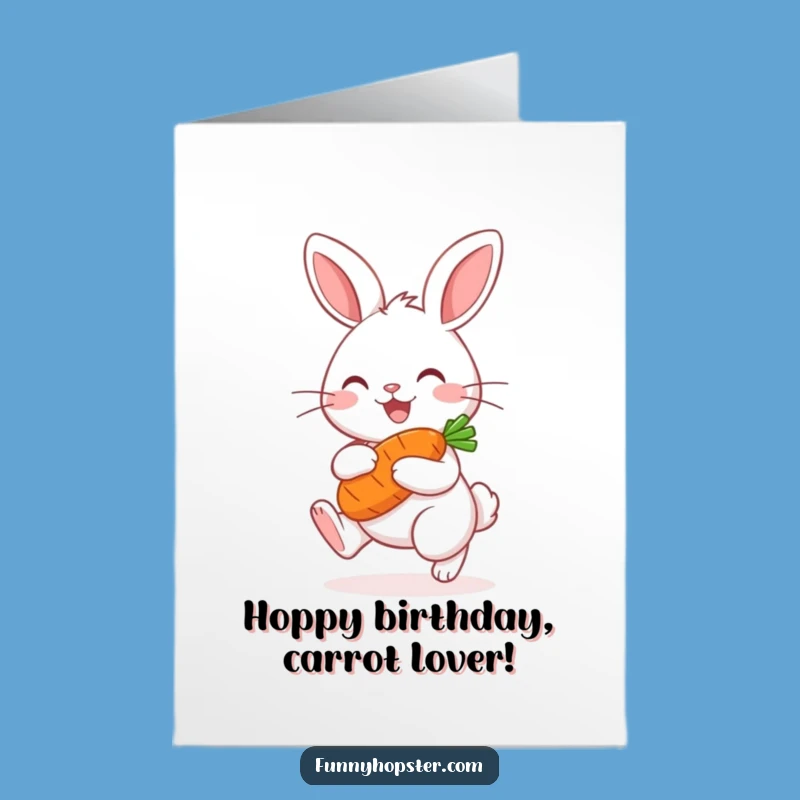 Free Printable Birthday Card: Joyful Kawaii Rabbit Hopping with Carrot Gift