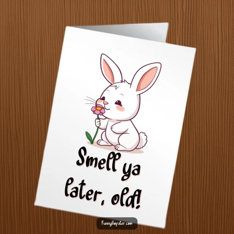 Funny Free Printable Birthday Card: A rabbit enthusiastically wiggles its nose while sniffing a bright flower.