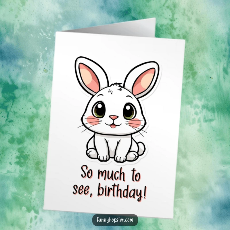 Funny Free Printable Birthday Card: Rabbit with huge, curious eyes looking up, full of wonder. Downloadable art.