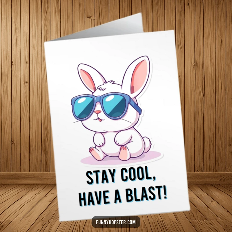 Funny Free Printable Birthday Card: Kawaii rabbit wearing oversized sunglasses, relaxing on a sunbath.