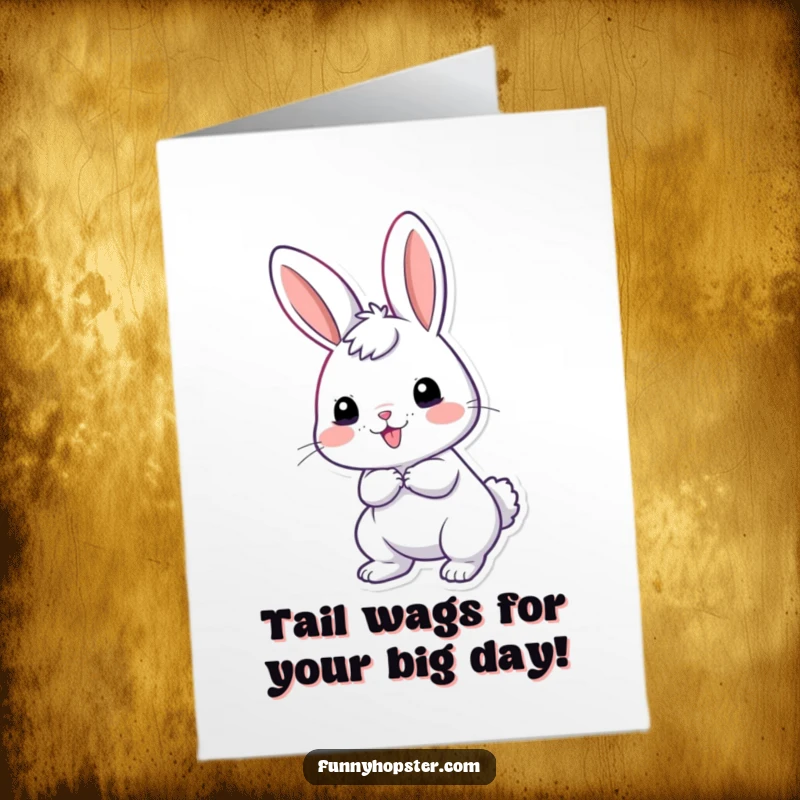 Funny Free Printable Birthday Card: A giddy rabbit wiggling its tail with pure, unadulterated excitement for the birthday.